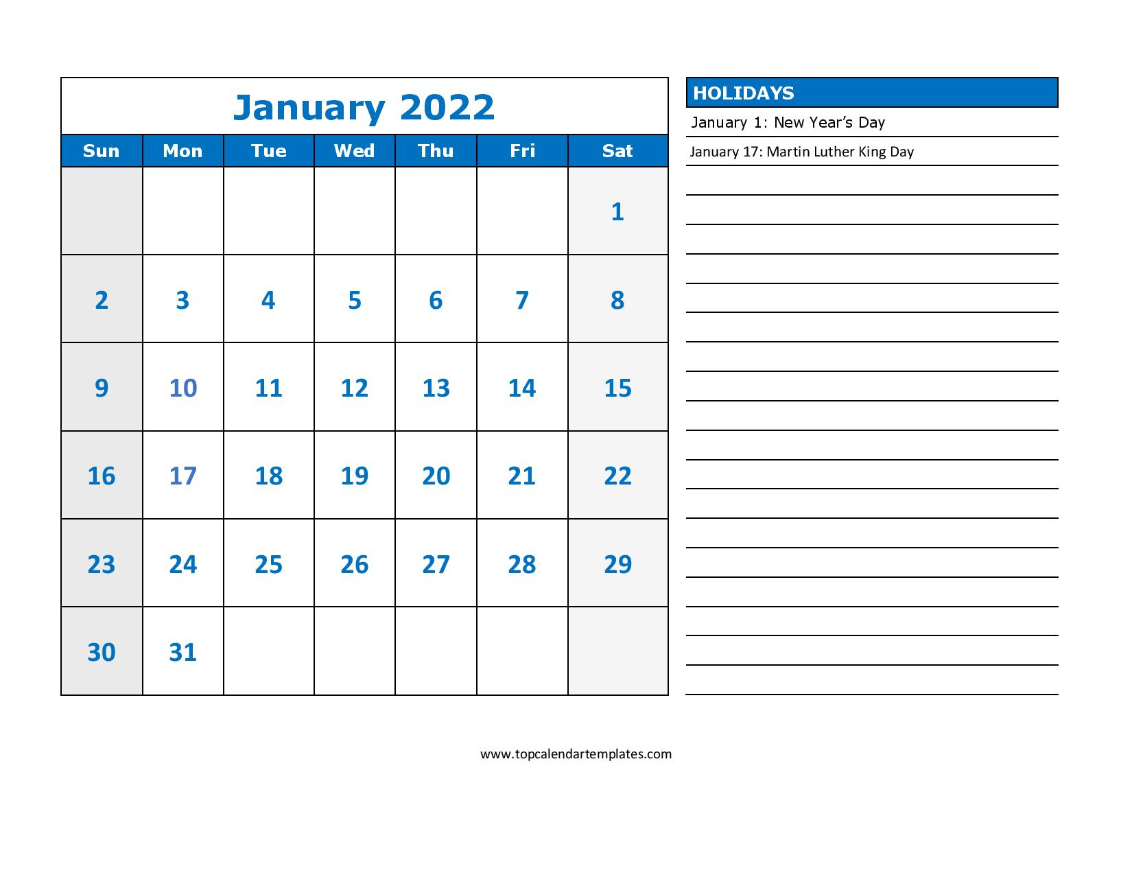 Printable January 2022 Calendar Template Pdf Word Excel 1