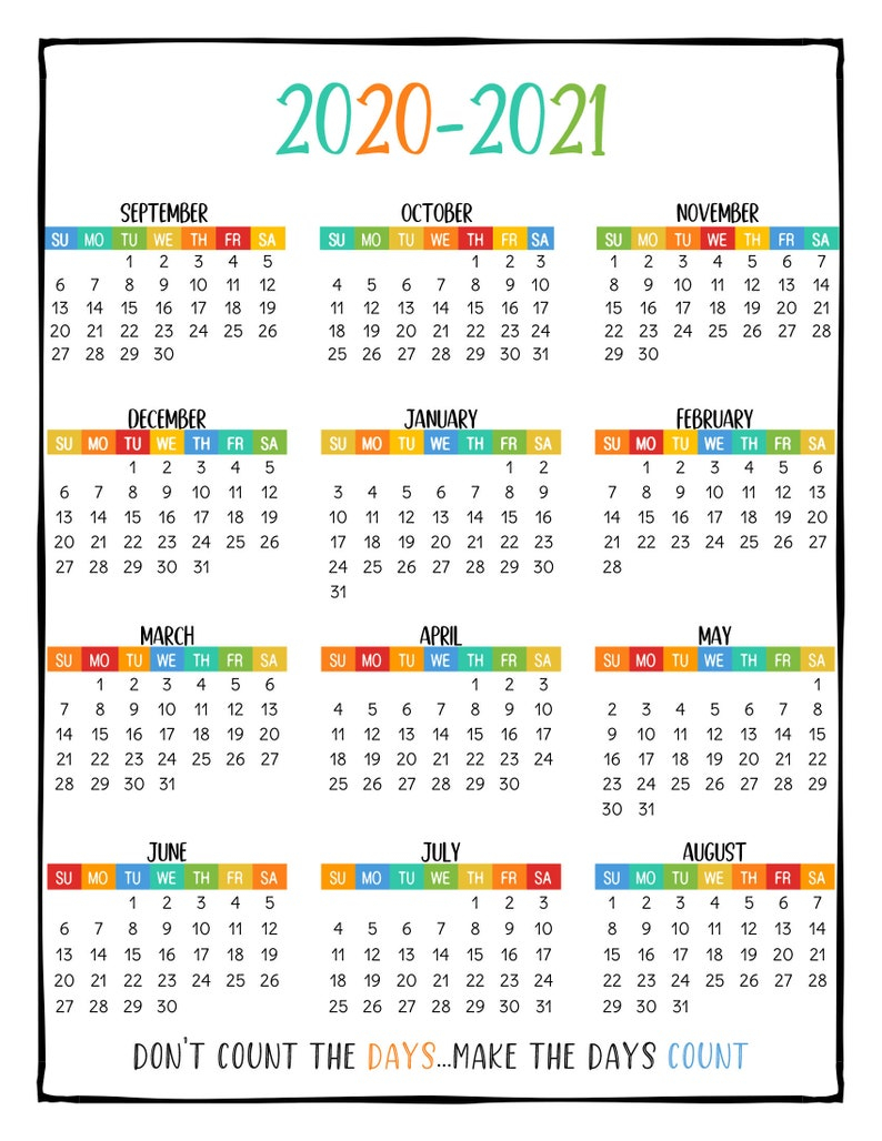 Printable School Year Calendar At A Glance 2020 2021 Wall