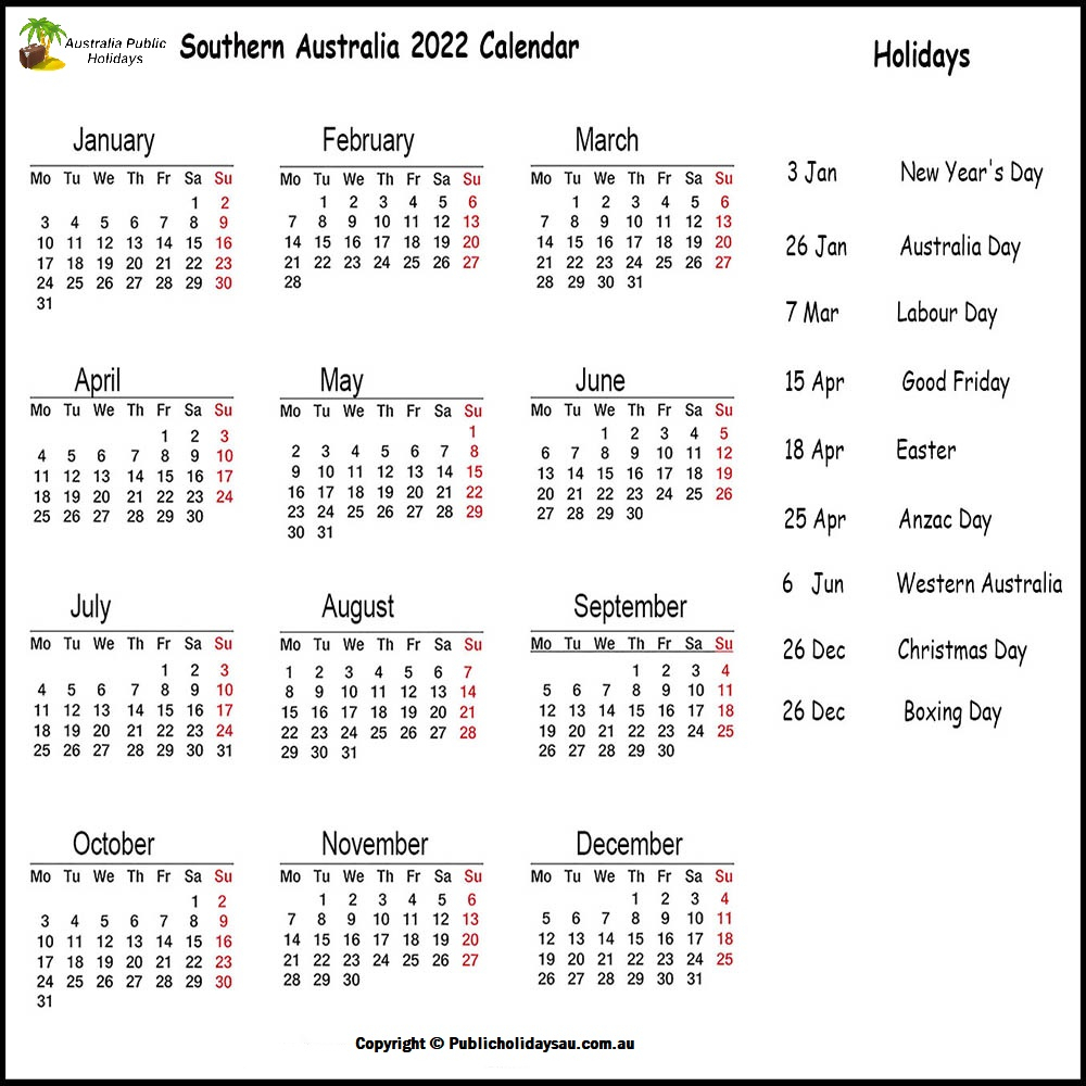 public holiday calendar 2022