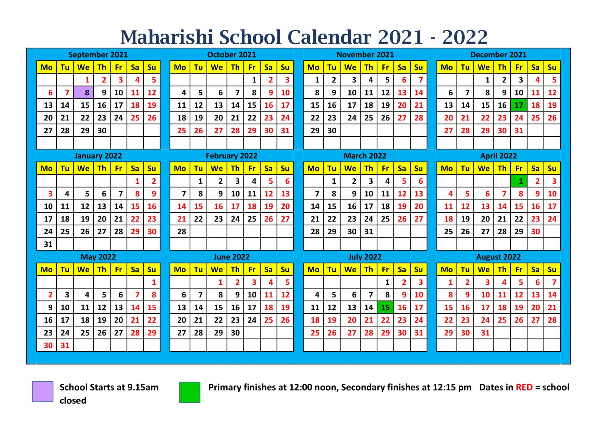 School Calendar 2021 2022 Maharishi School