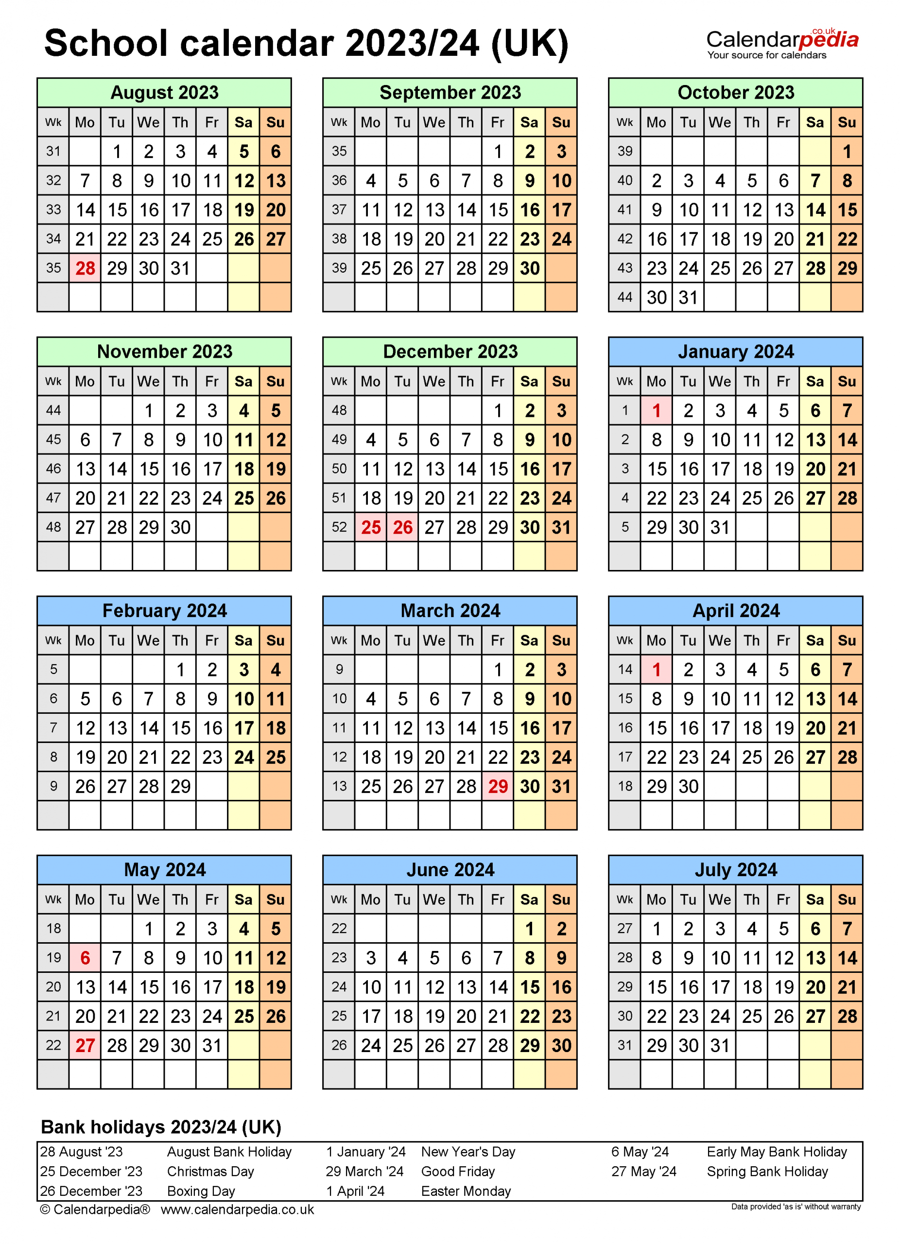 School Calendars 2023 24 Uk Free Printable Pdf Templates