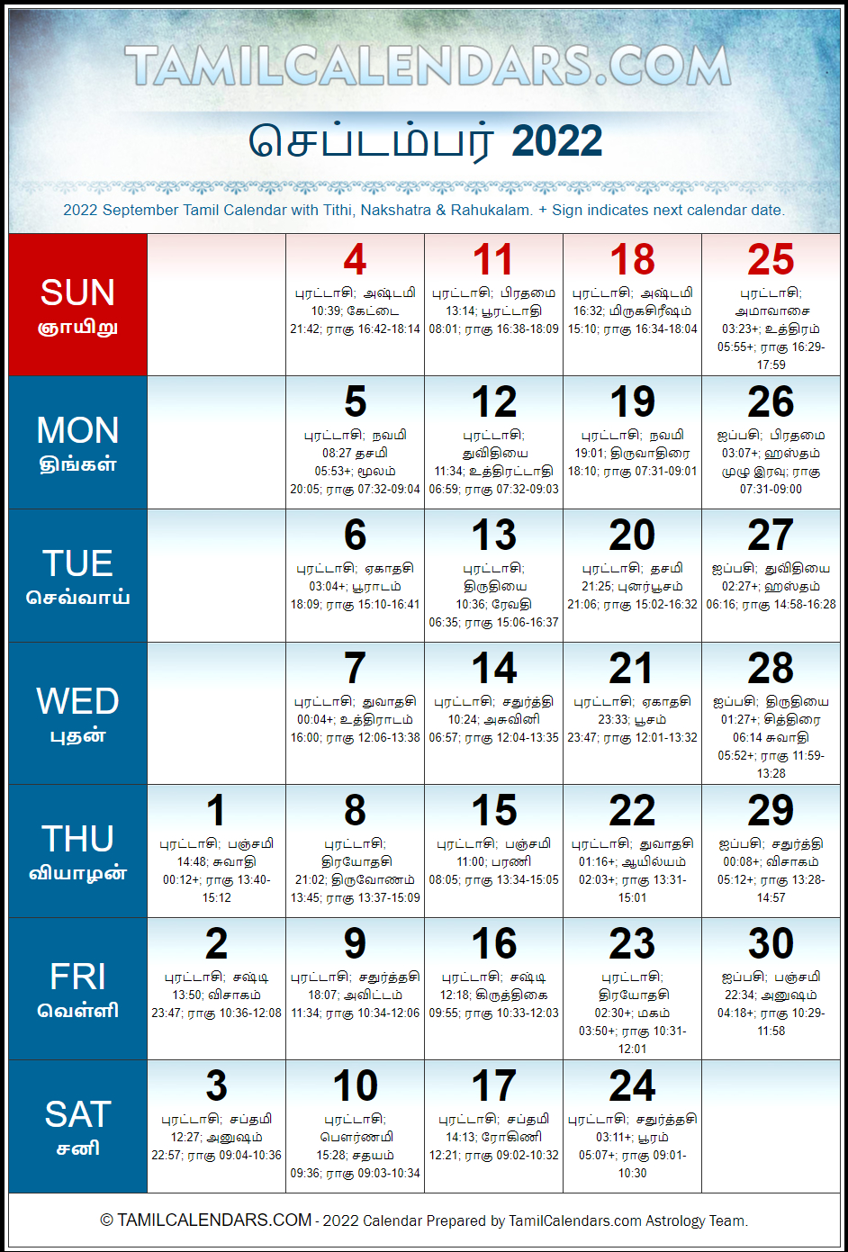 September 2022 Tamil Calendar Shubhakrit Varusham