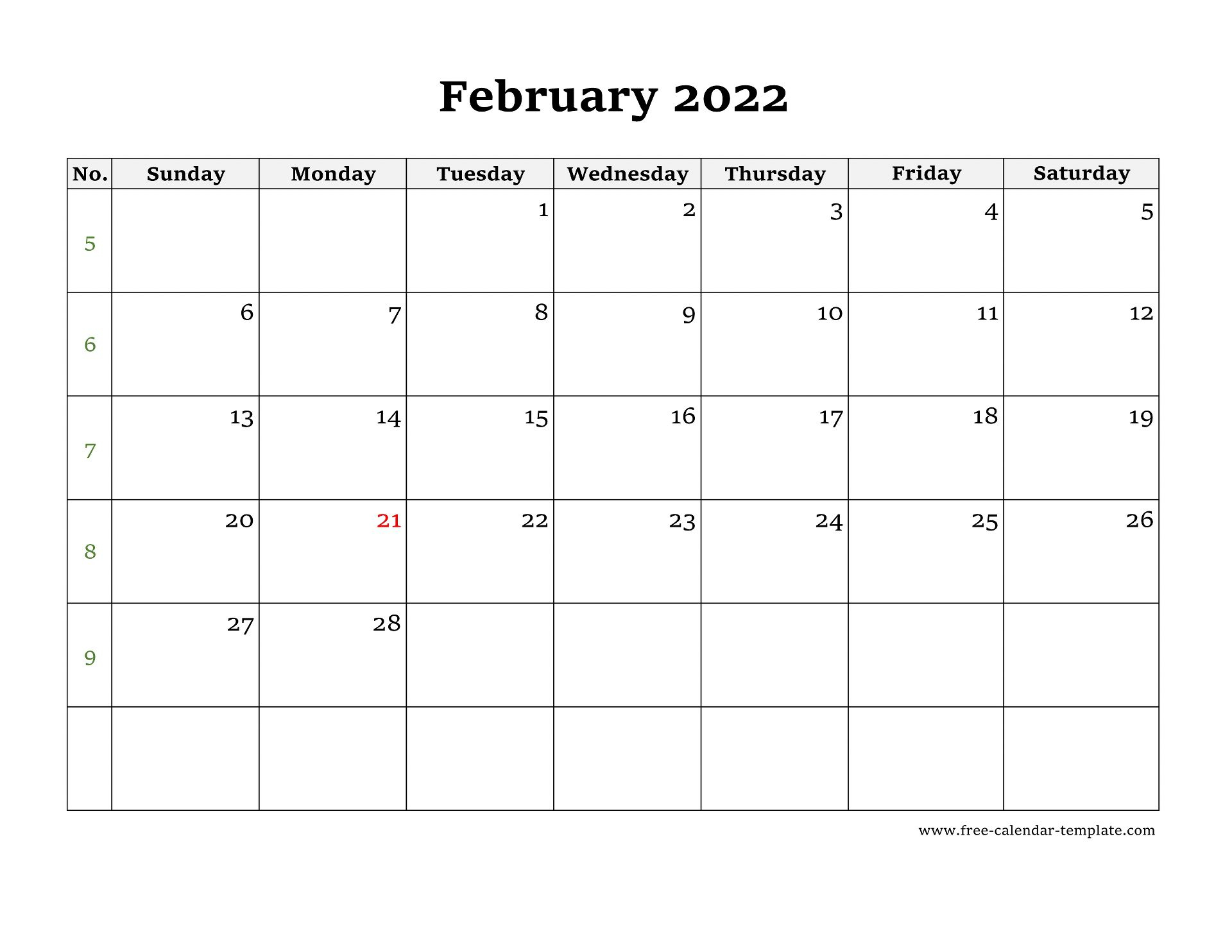 Simple February Calendar 2022 Large Box On Each Day For