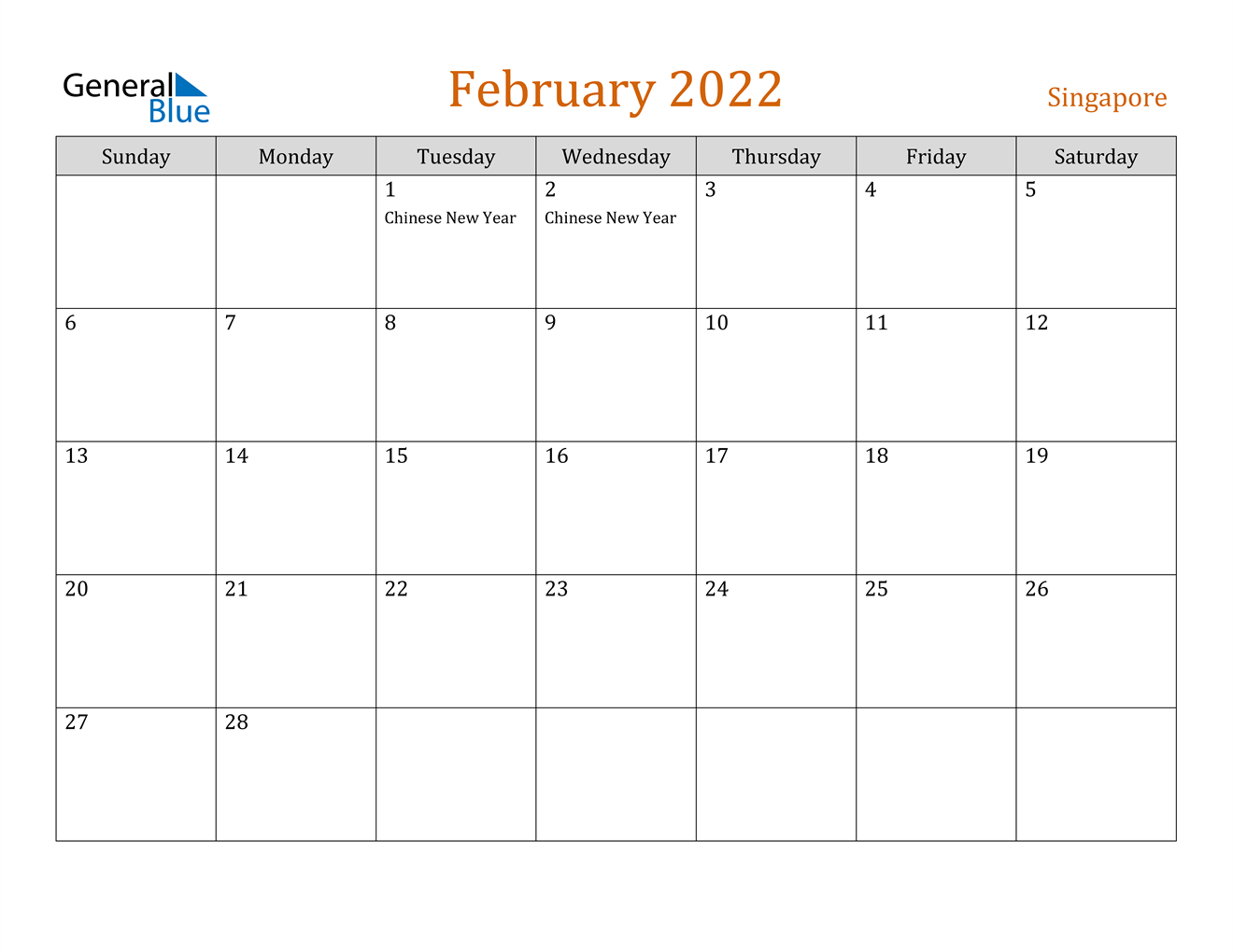 Singapore February 2022 Calendar With Holidays