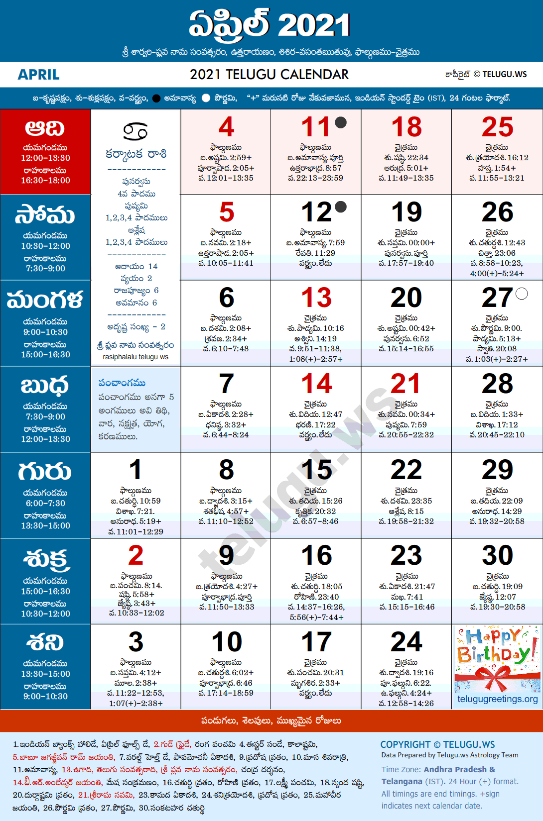 Telugu Calendar 2021 April Pdf Print With Festivals