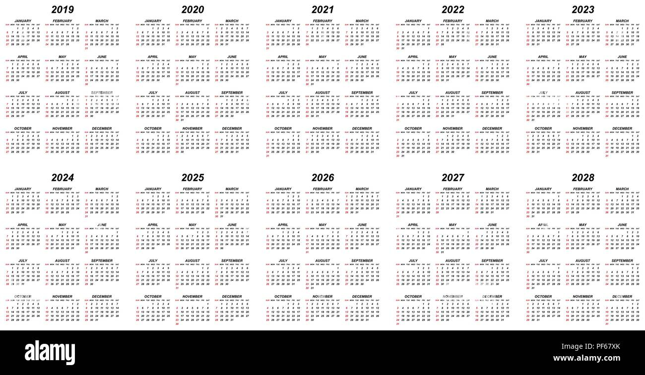Ten Years Simple Editable Vector Calendars For Year 2019