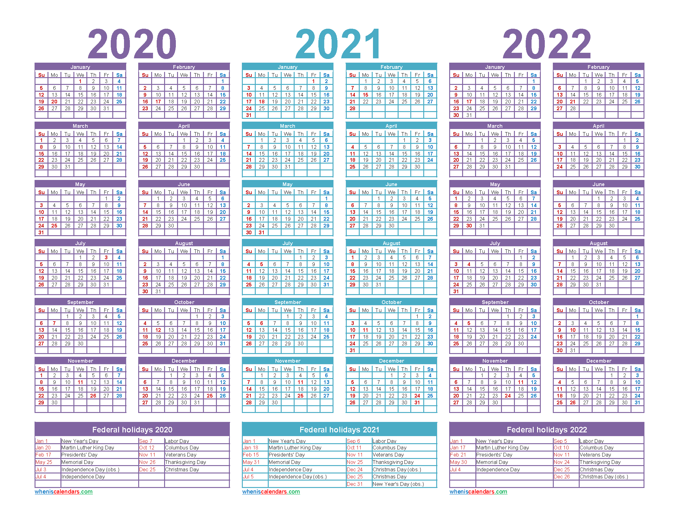 Three Year 2020 To 2022 Calendar Printable Word Pdf 1