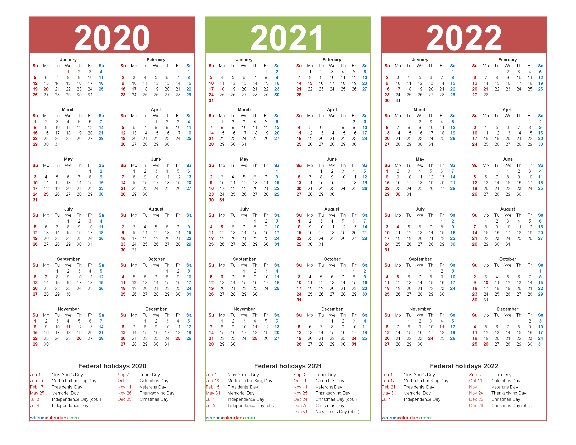 three year 2020 to 2022 calendar printable word pdf