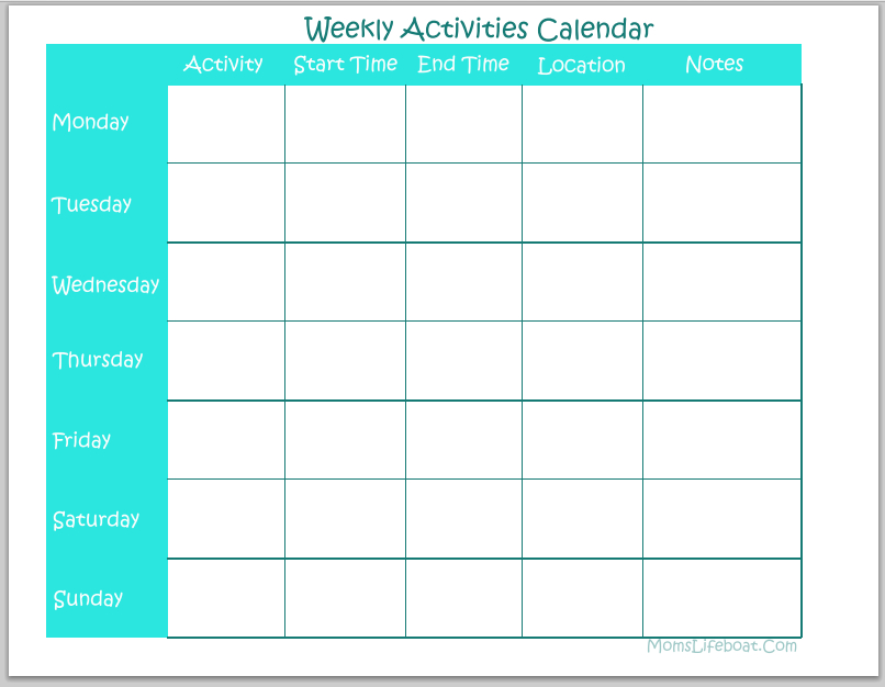 Weekly Activities Calendar Free Printable