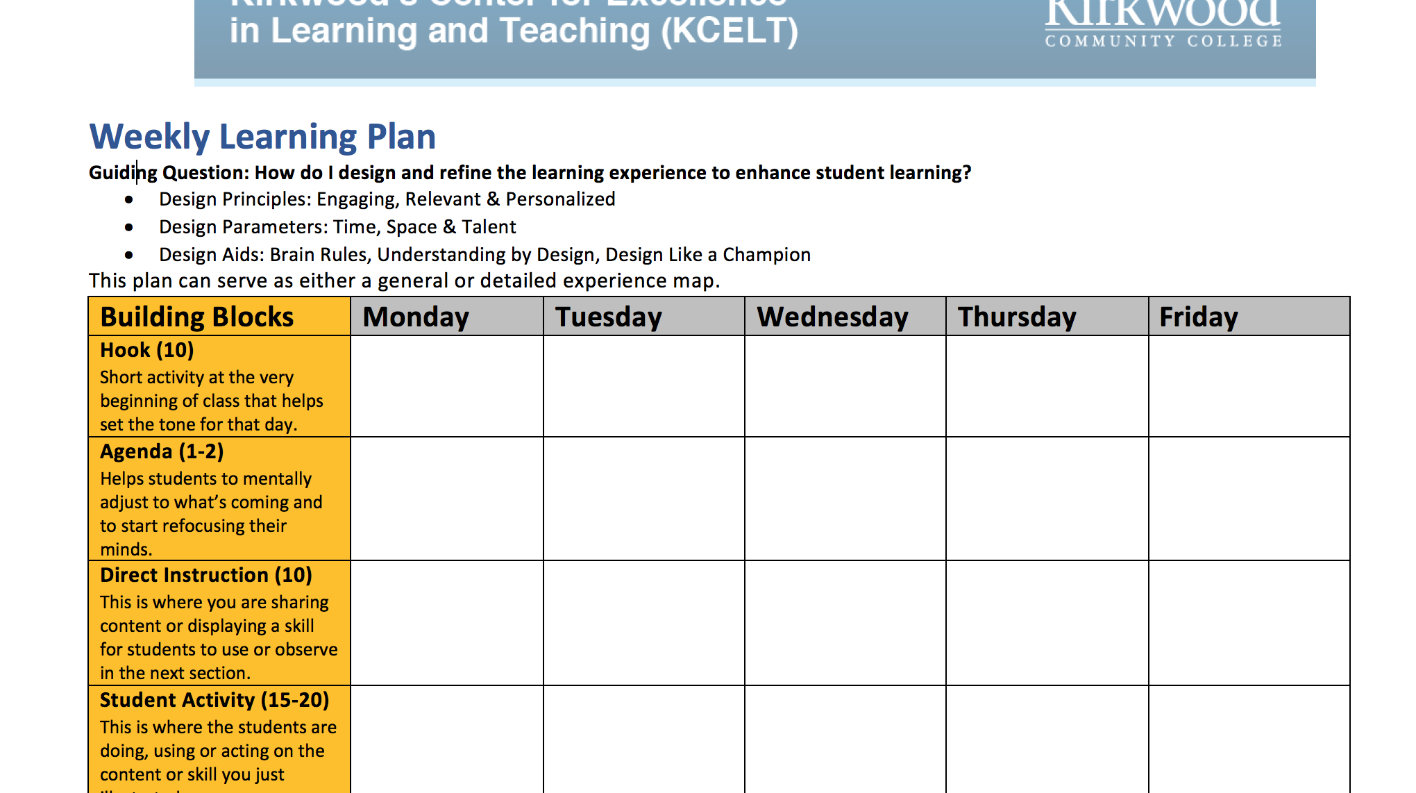 weekly lesson plan template kirkwood center for