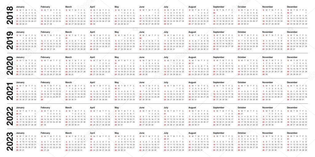 Year 2018 2019 2020 2021 2022 2023 Calendar Vector Stock 1