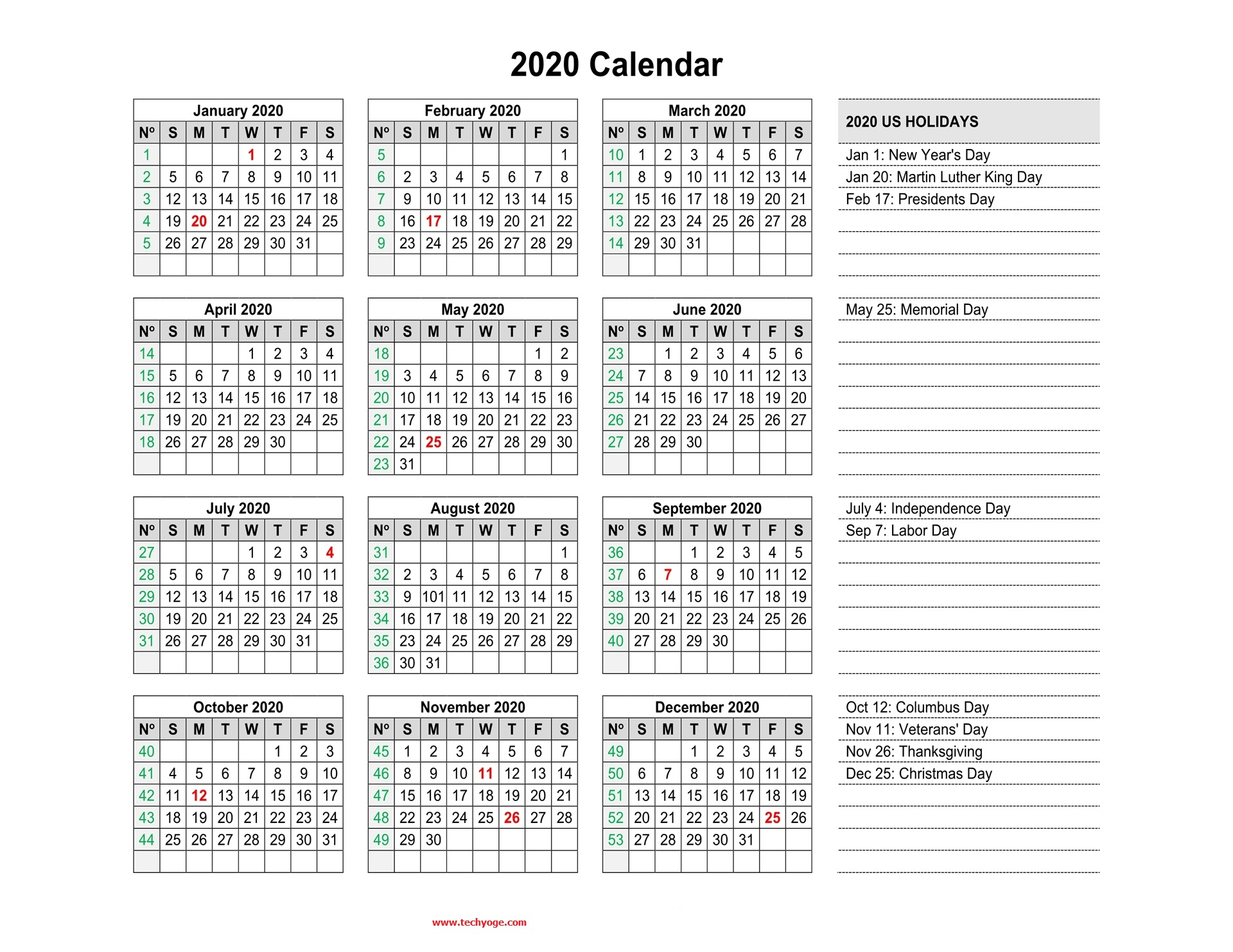 Yearly Calendar 2020 Printable Techyoge