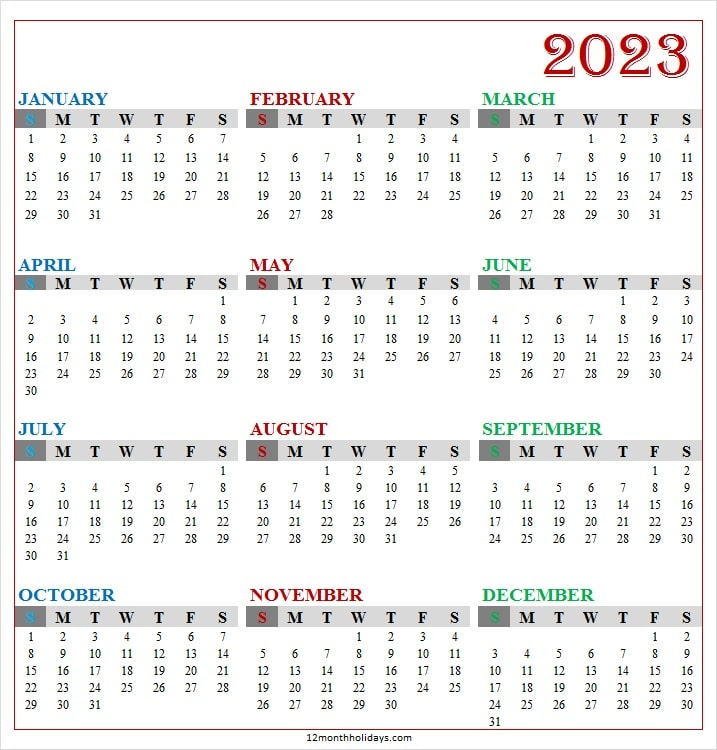 Jan To Dec 2023 Calendar Template Free Printable Templates
