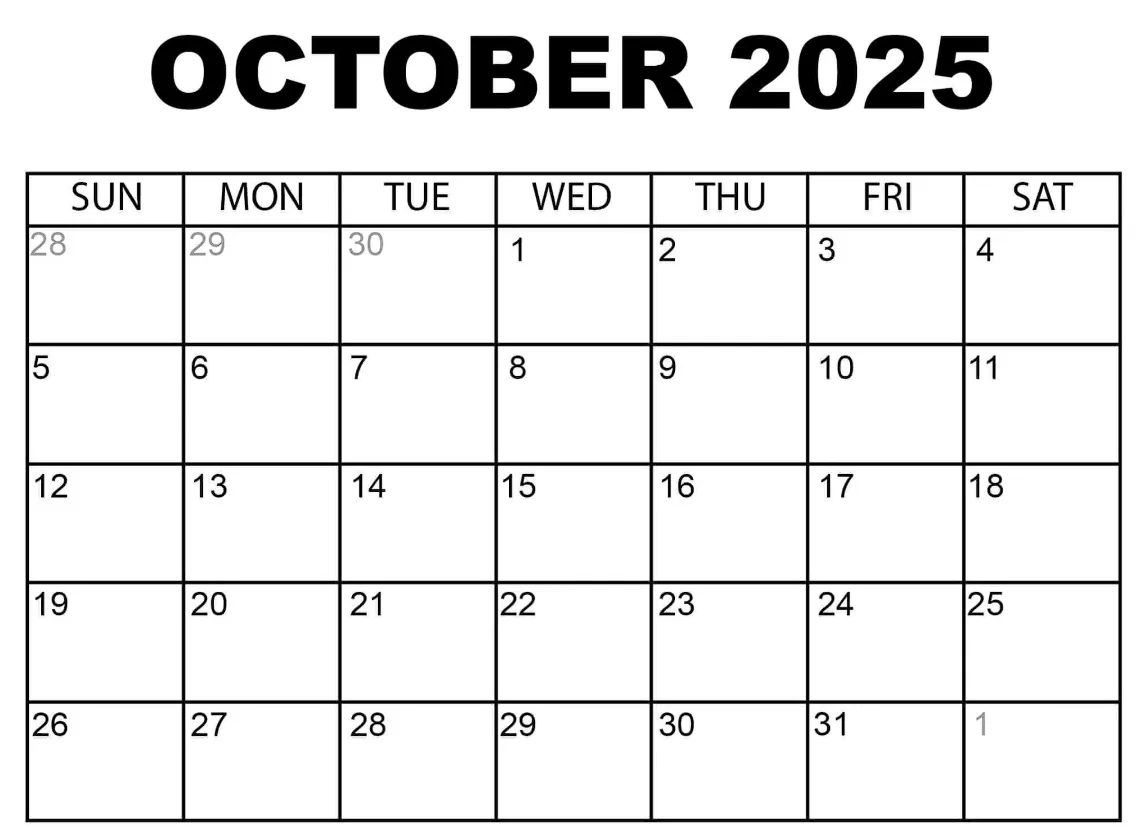 Editable October 2025 Calendar Image – Minimalist Design