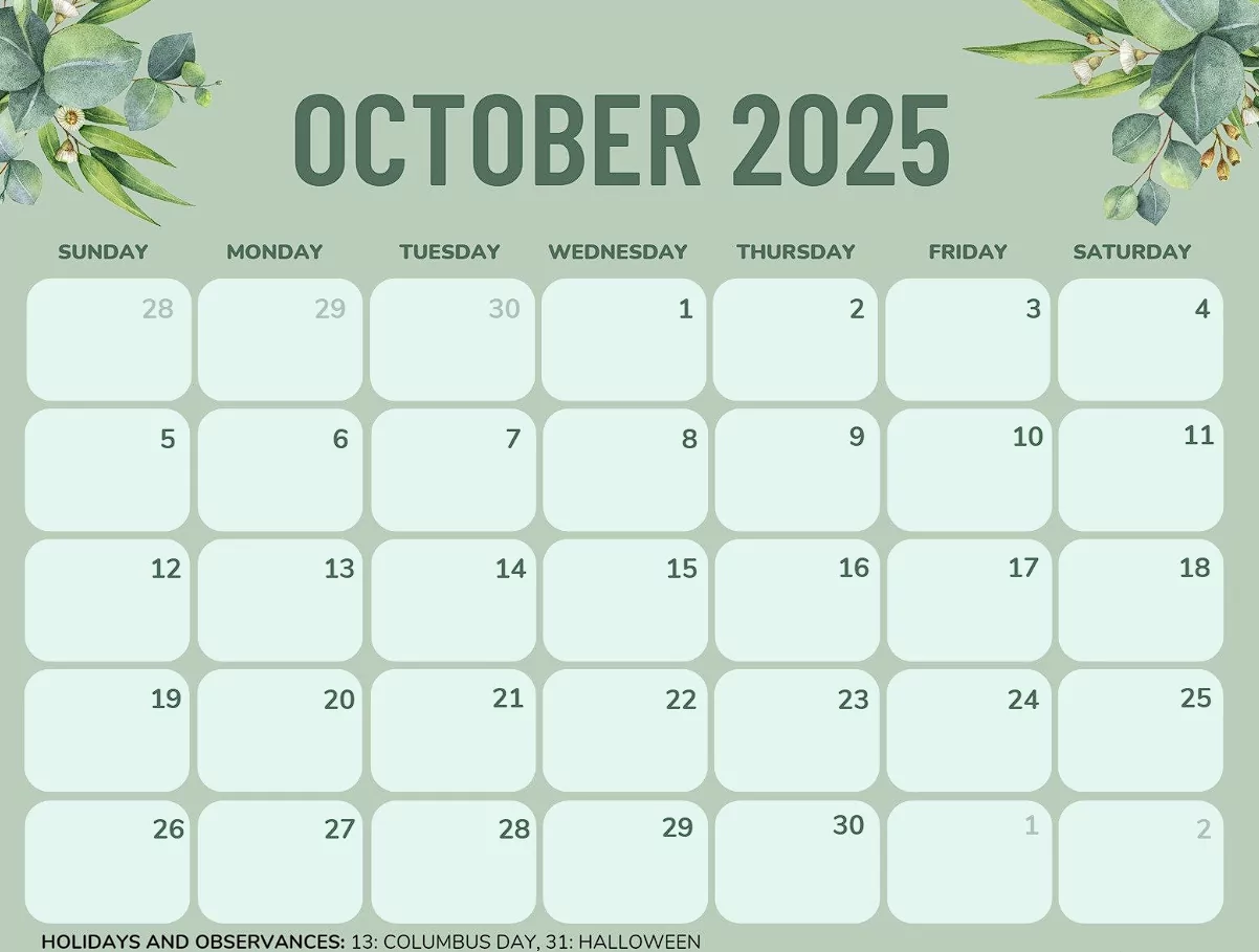 Minimalist October 2025 Calendar Template in Printable JPG Format