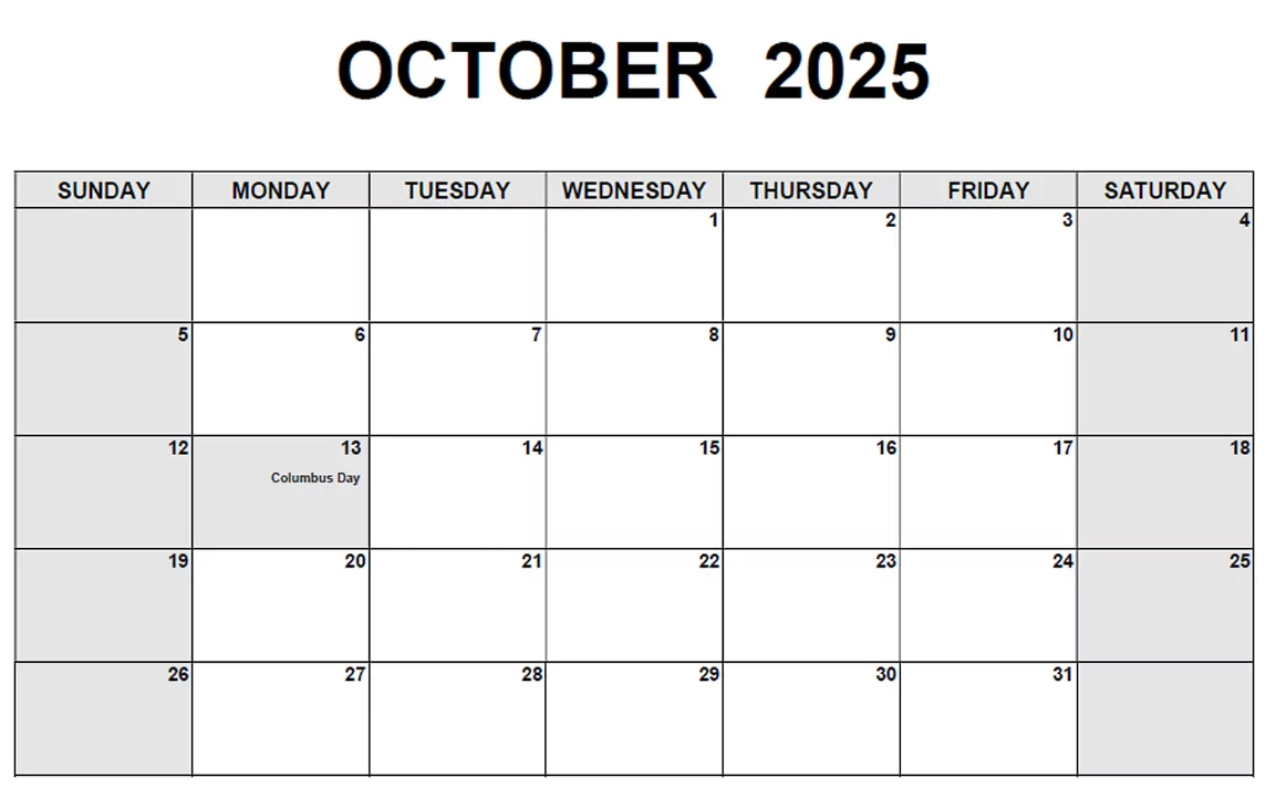 Minimalist October 2025 Calendar Template with Holidays Marked