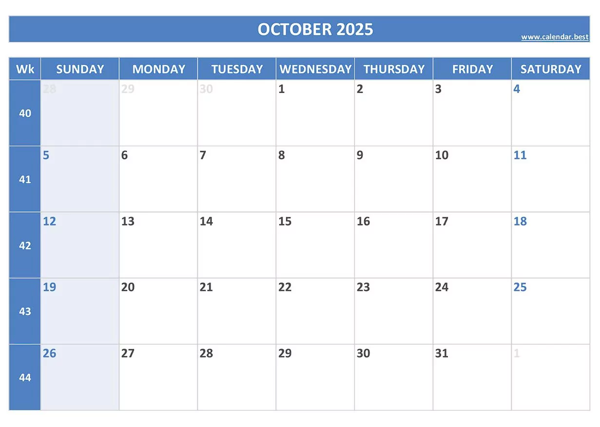 October 2025 Calendar Printable JPG – Simple Layout