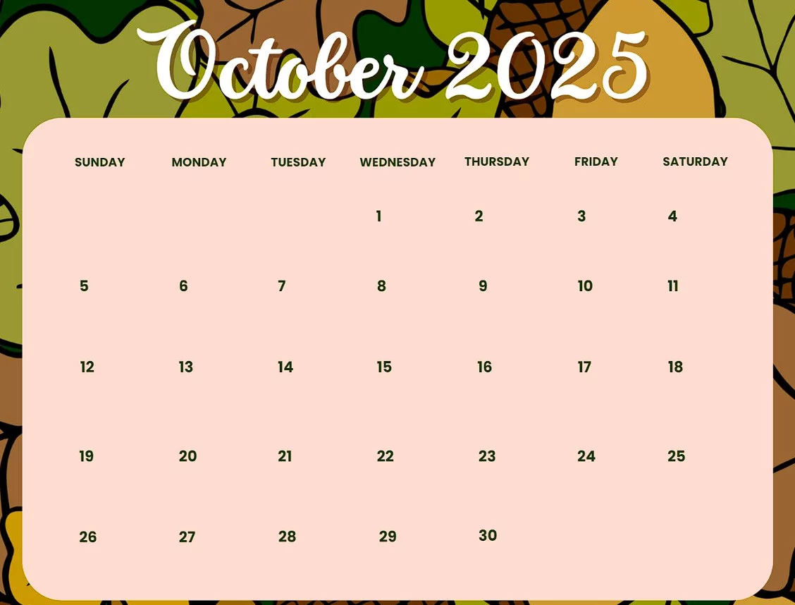October 2025 Calendar with Holidays Landscape JPG