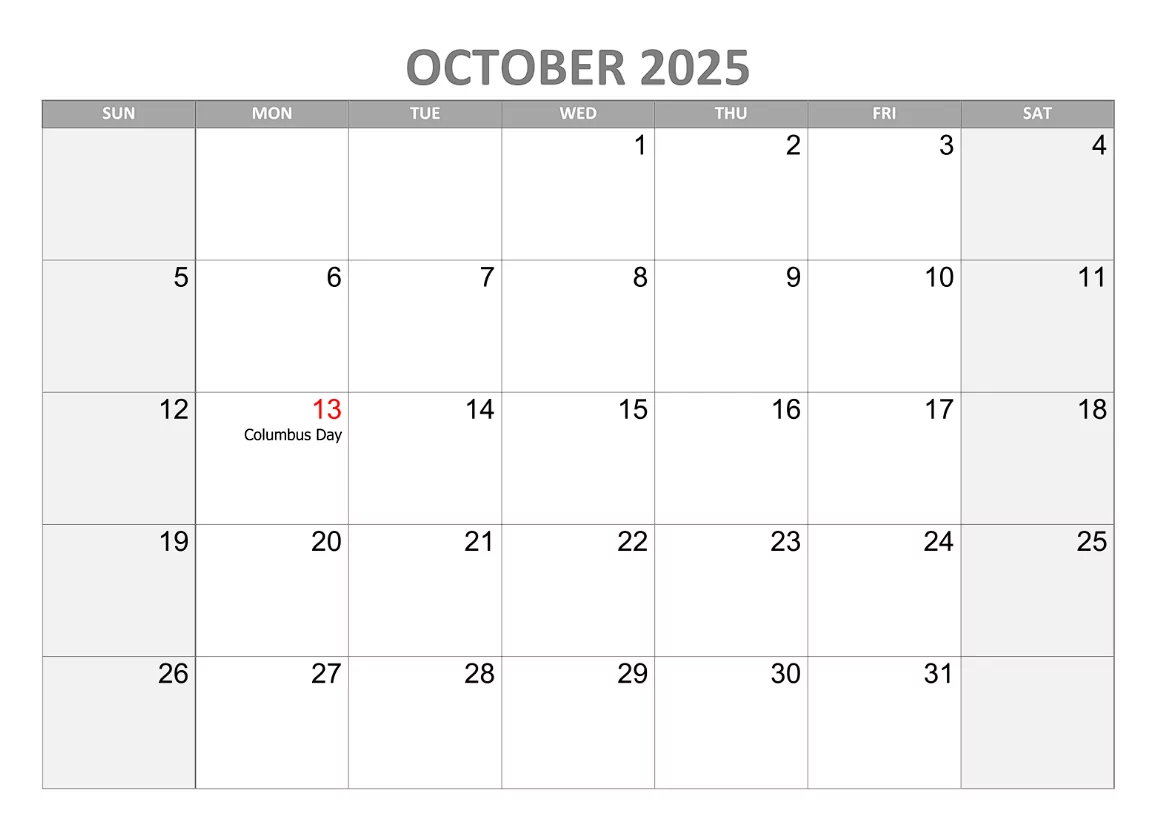October 2025 Minimalist Calendar Template with Holidays Marked