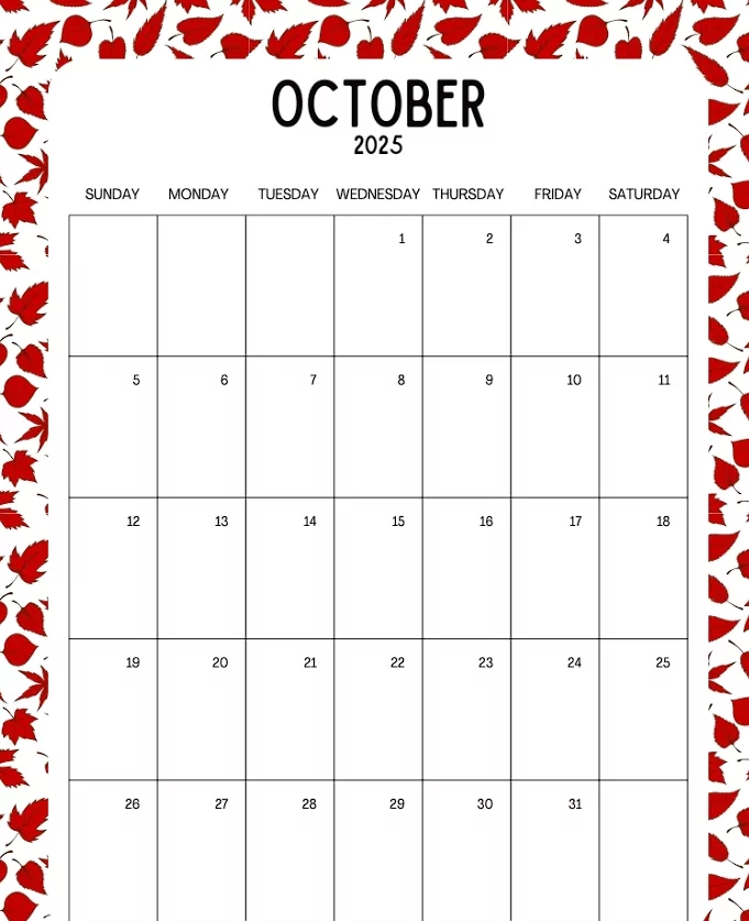 October 2025 Printable Calendar Portrait Layout