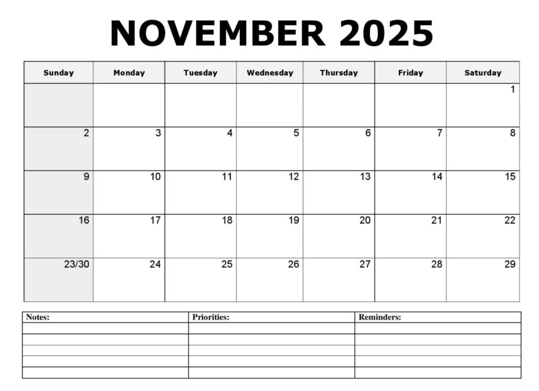 Blank November 2025 calendar printable template for planning