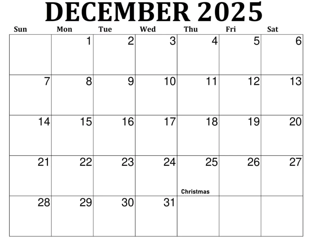 December 2025 calendar JPG version with holidays and notes section