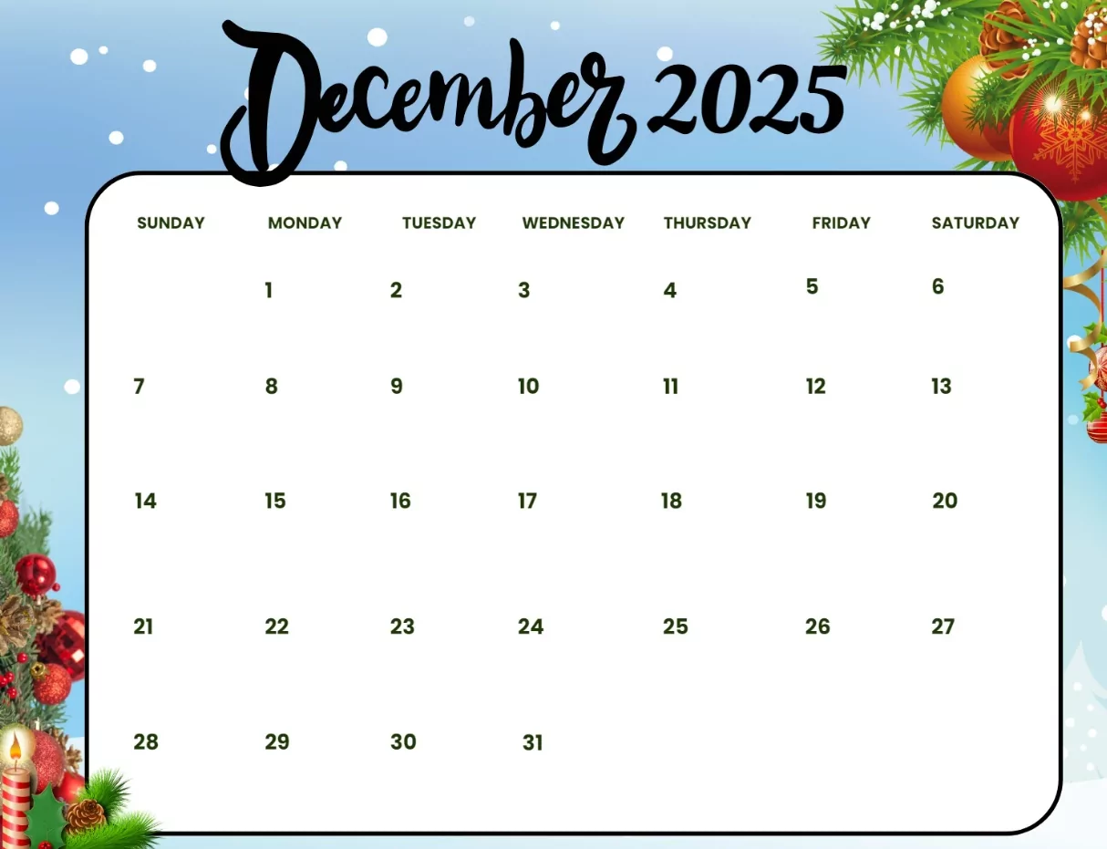 December 2025 calendar printable template in minimalist design