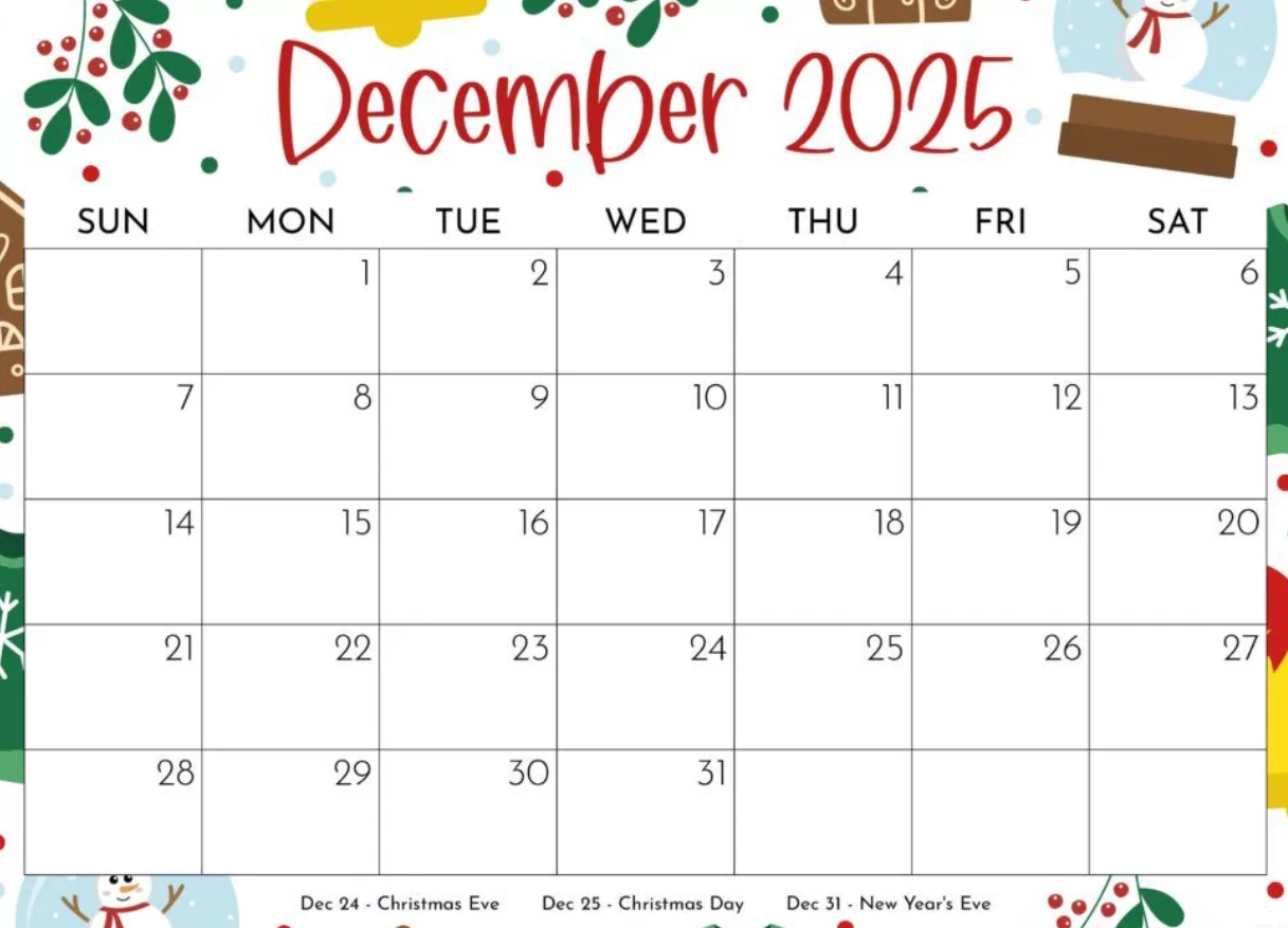 December 2025 calendar template with major holidays marked