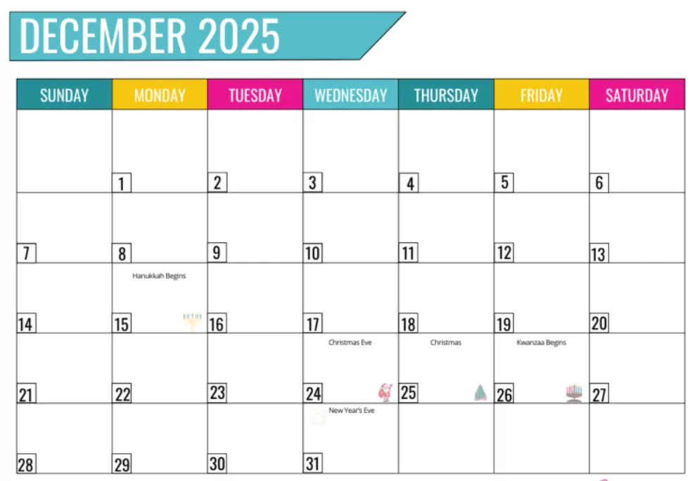 December 2025 calendar with reminders and budget tracking space