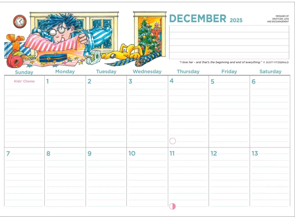December 2025 family planner calendar with meal and chore notes