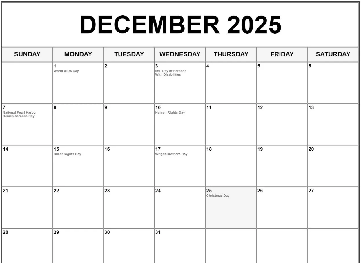December 2025 school calendar with exam and holiday schedule