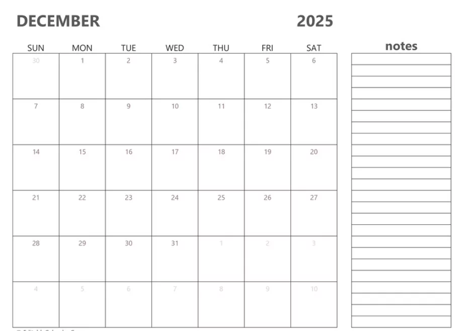 Editable December 2025 calendar template with notes and deadlines section