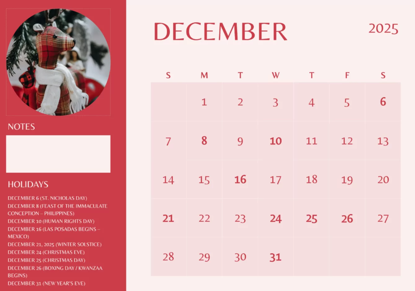Editable December 2025 calendar with notes and to do list template