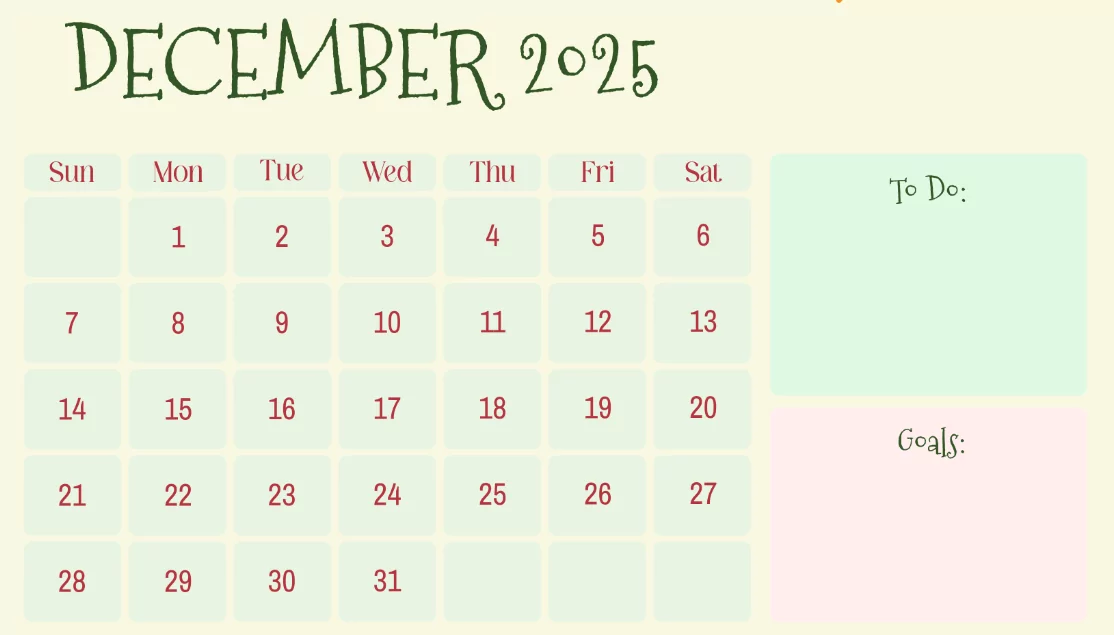 Editable December 2025 planner with notes and goals section