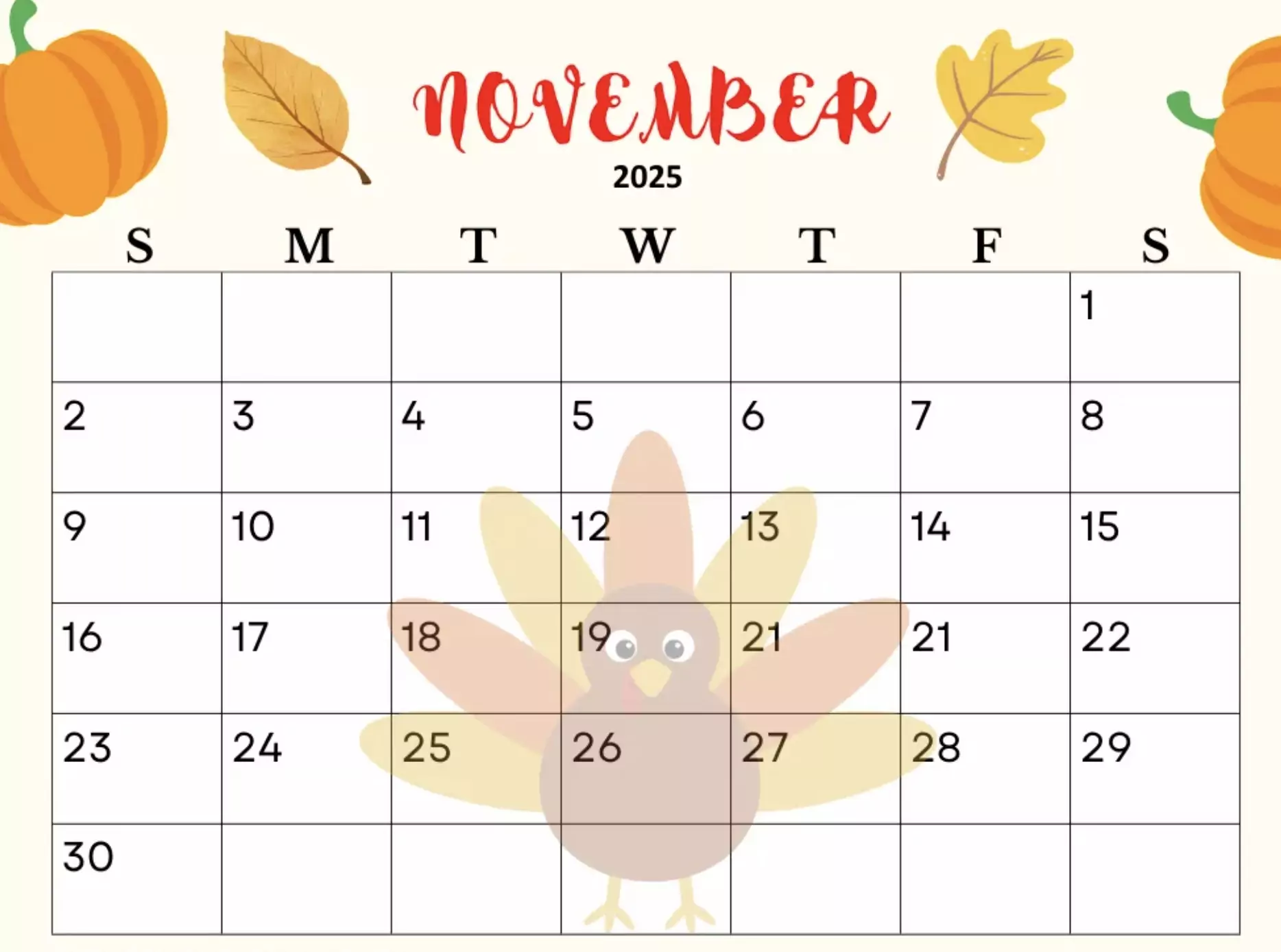 Free November 2025 calendar PNG with Thanksgiving and Black Friday