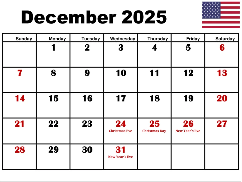 Free printable December 2025 calendar with U.S. holidays