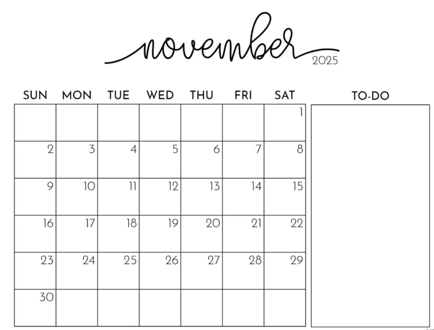 Holiday planner November 2025 calendar template in JPG