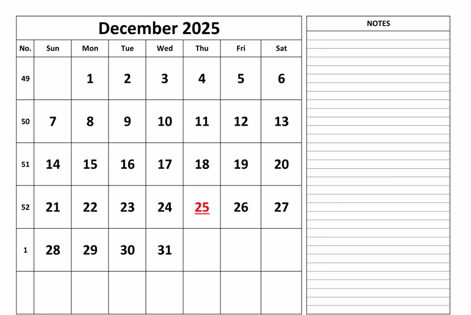 Minimalist December 2025 calendar PNG with notes section
