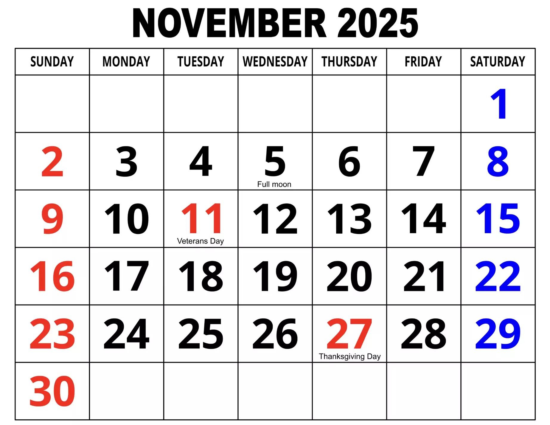 November 2025 calendar printable picture with holidays marked