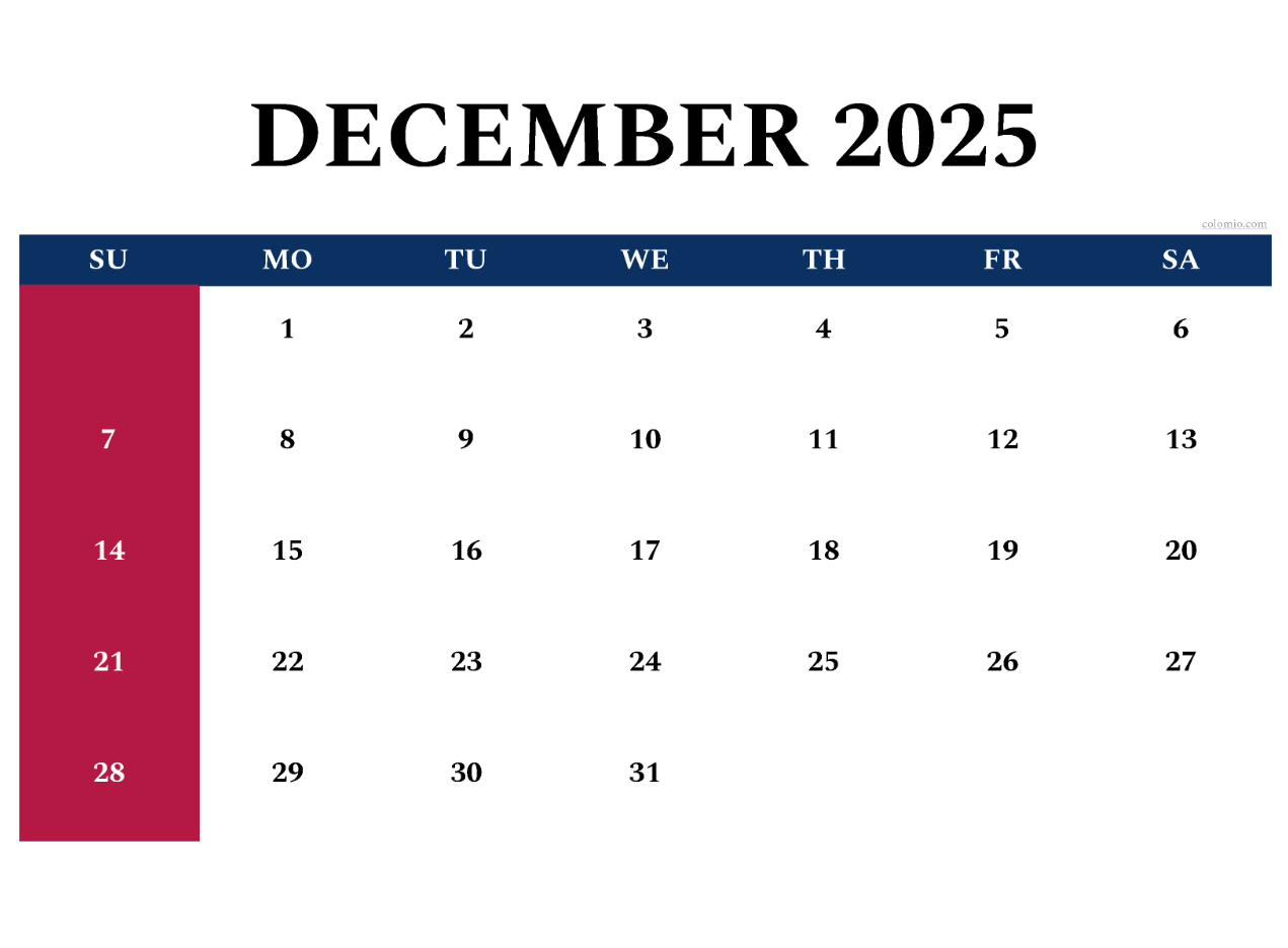 Printable December 2025 calendar PDF with large boxes and checklist