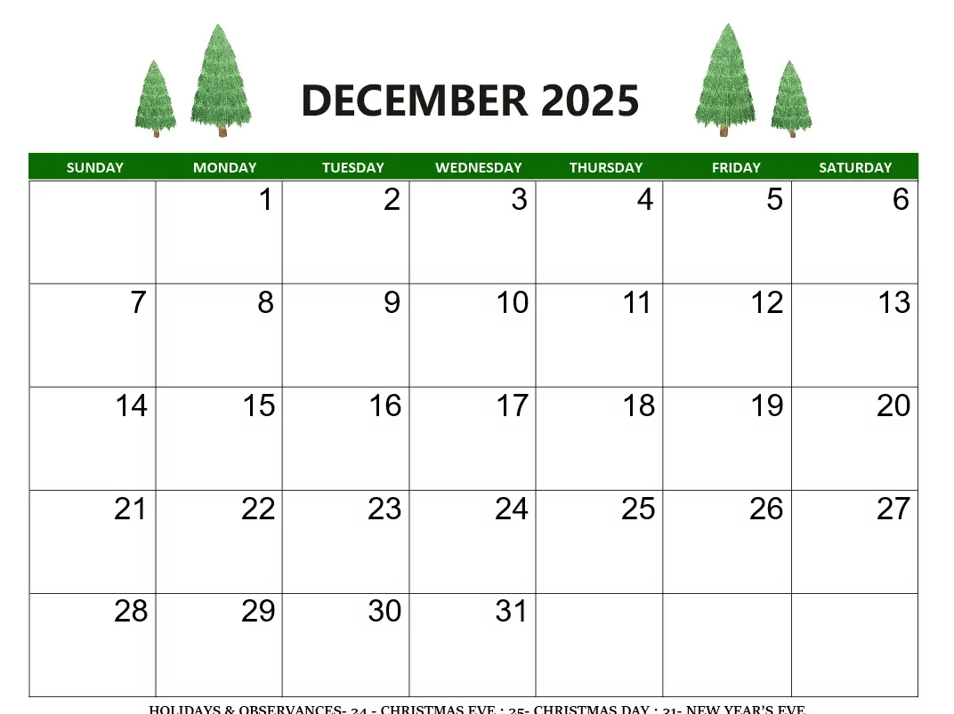 Printable December 2025 calendar template for home organization