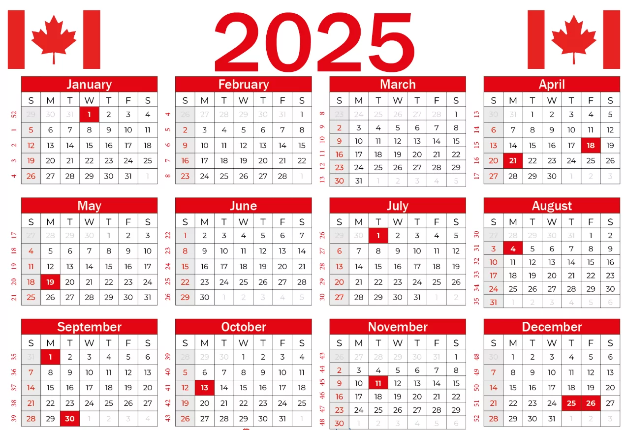 2025 Canada Holidays Calendar template in JPG and PNG