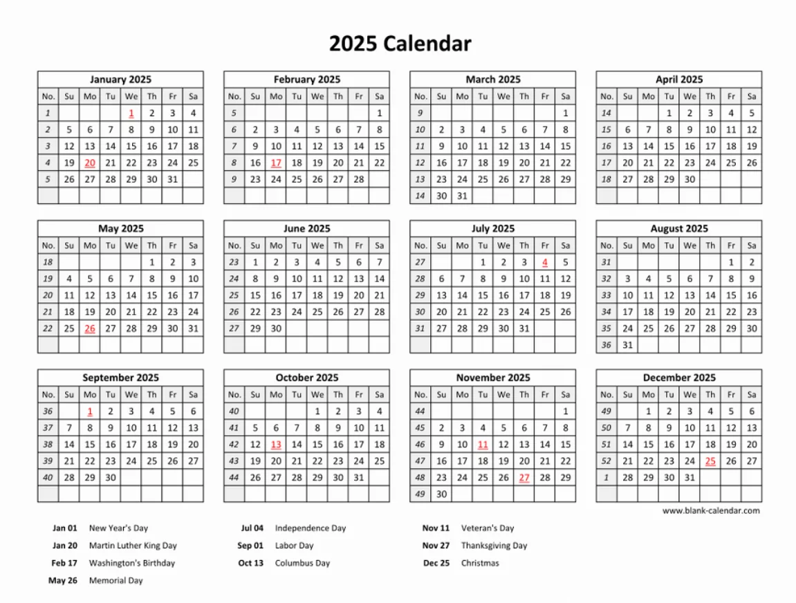 2025 US Federal Holidays Printable Calendar