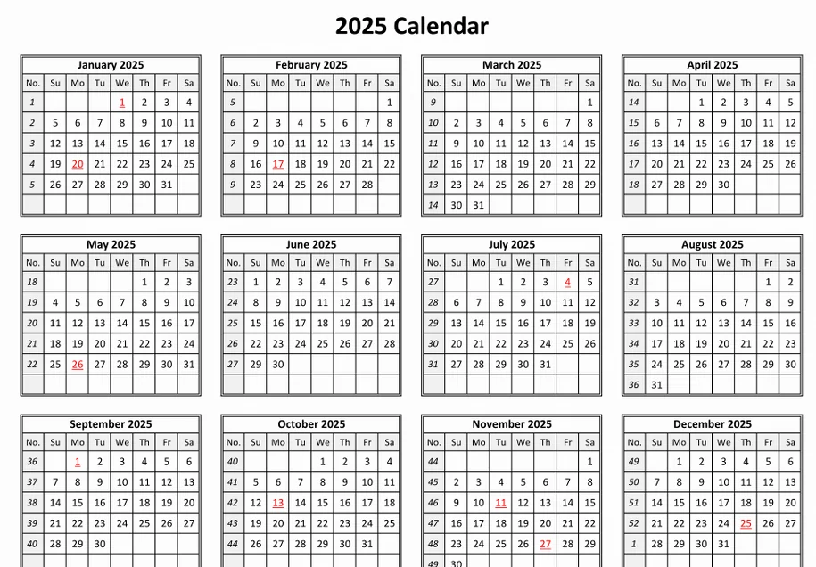 2025 calendar grid layout