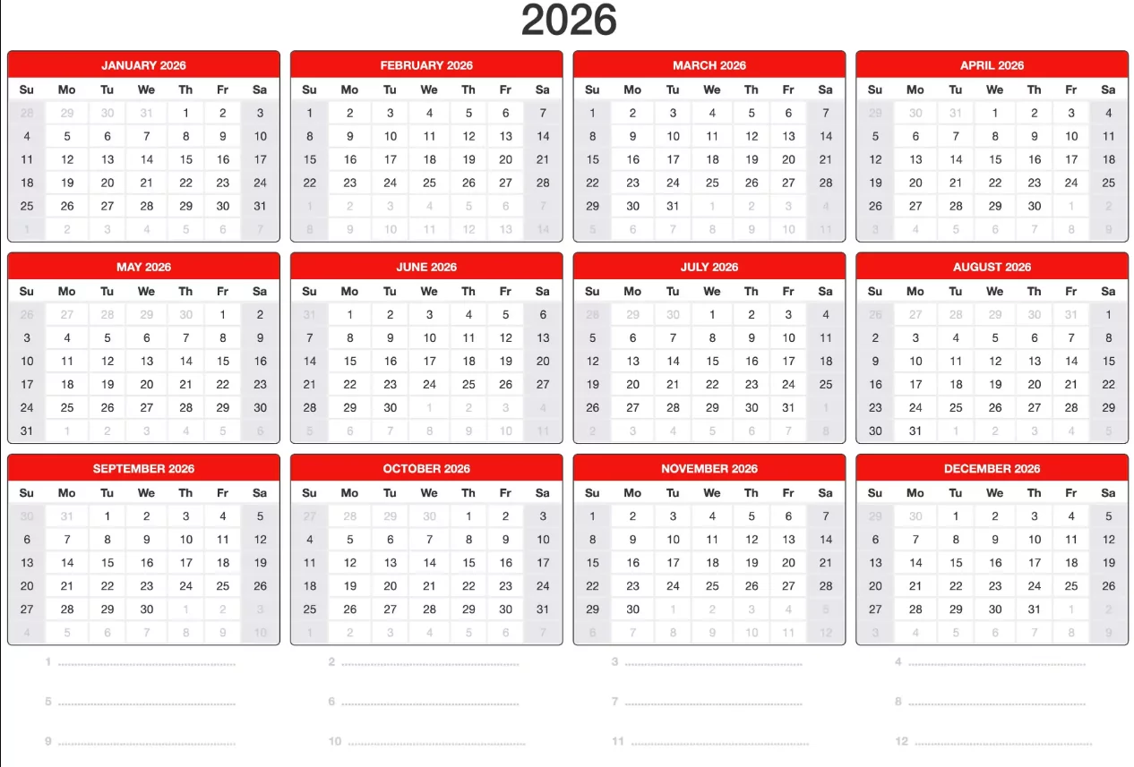 2026 yearly calendar overview