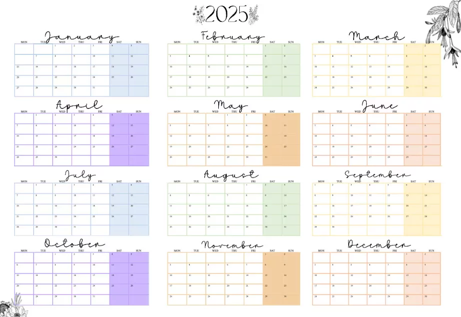 A3 Printable Wall Calendar 2025 Landscape