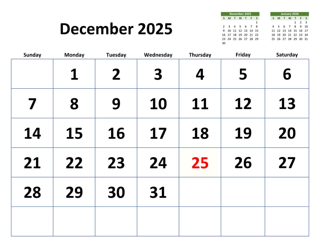 Clean digital planner for December 2025 monthly overview