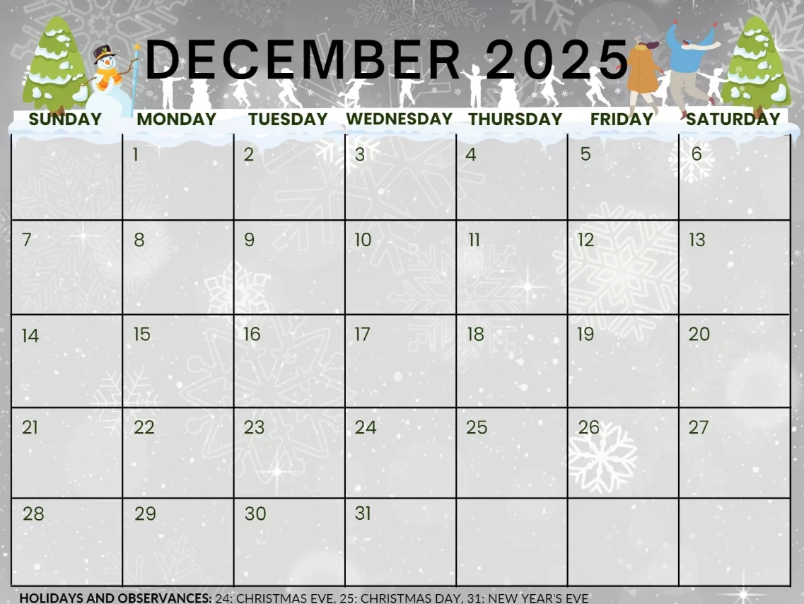 December 2025 calendar printable designs in landscape and portrait formats for holiday planning