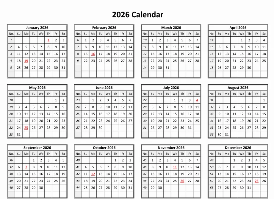 Free Horizontal 2026 Annual Planner One Page