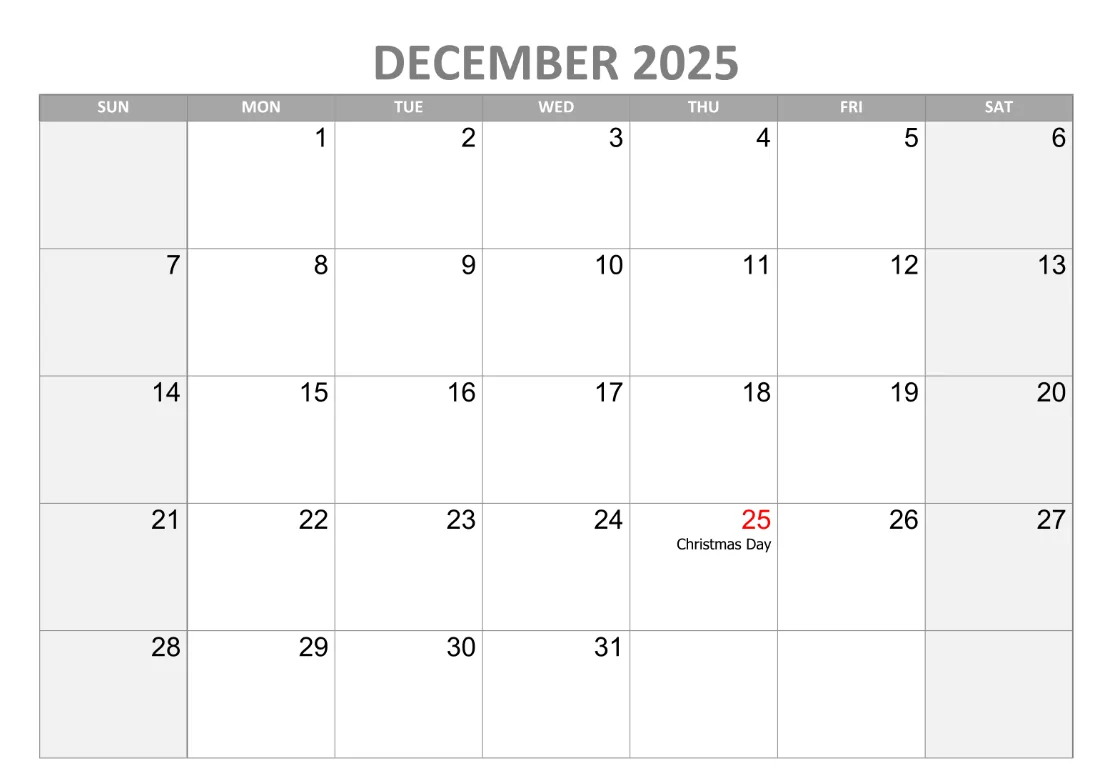 Free image templates for Monday start December 2025 calendar with editable holiday planner design